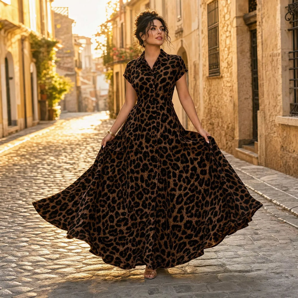 Veluxa – Leopard Print Cinched Waist Maxi Shirt Dress with Pockets
