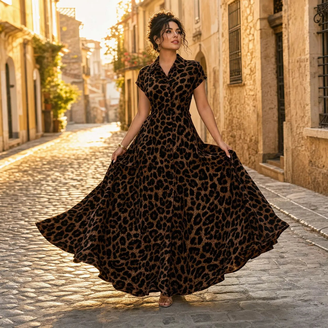 Veluxa – Leopard Print Cinched Waist Maxi Shirt Dress with Pockets