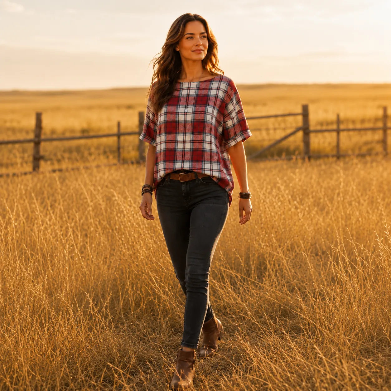 Wrenfield – Plaid Round Neck Blouse with Cuffed Sleeves