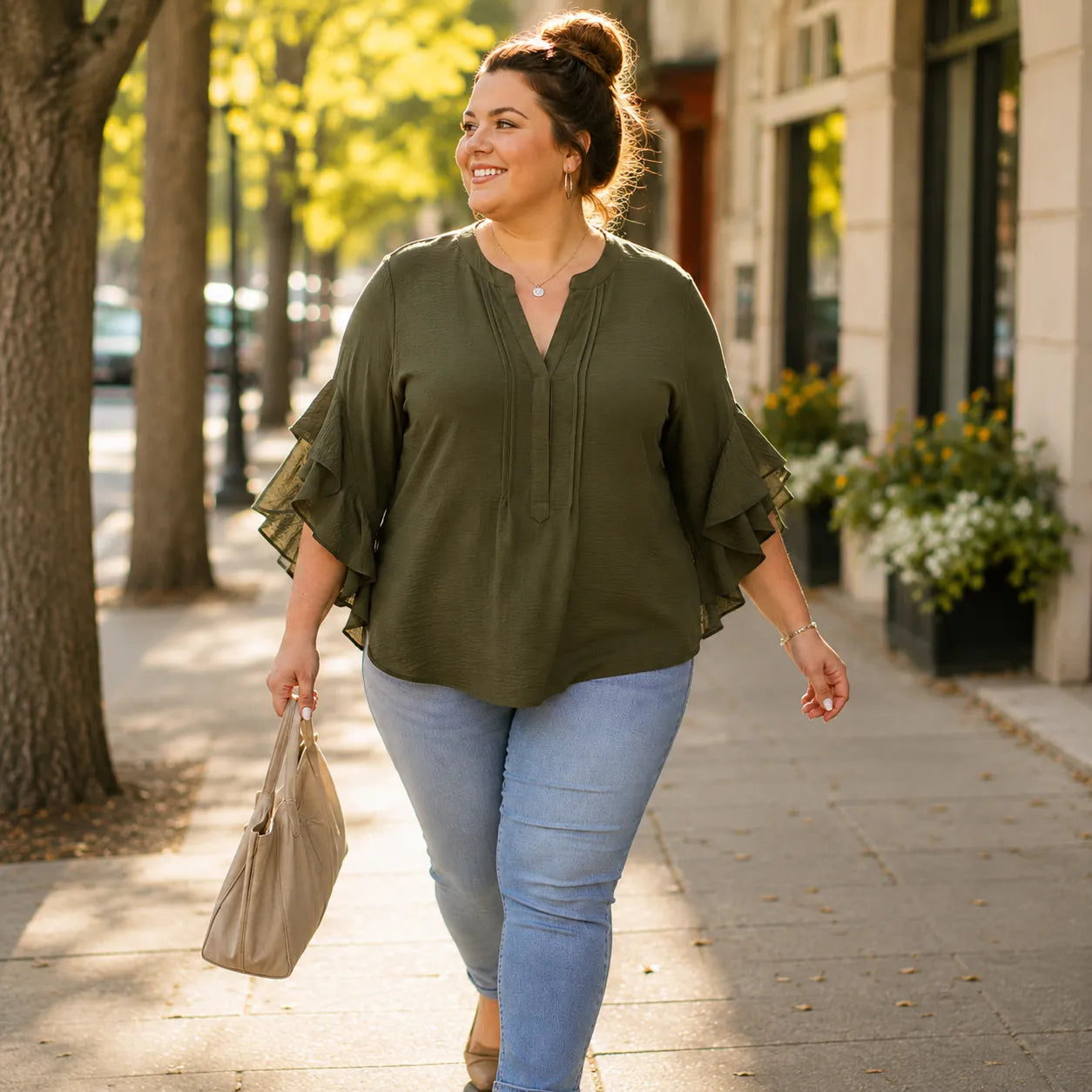 Vivelyn – Women's V-Neck Ruffle Sleeve Blouse, Flowy Casual Top in 4 Colors