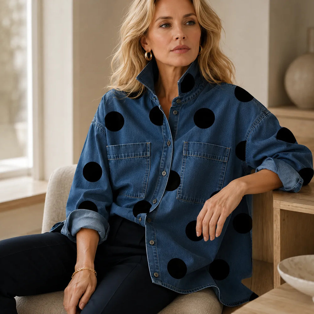 Marevelle – Oversized Polka Dot Denim Shirt with Stand Collar