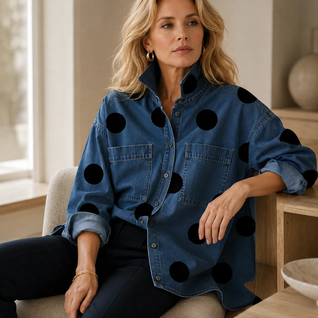 Marevelle – Oversized Polka Dot Denim Shirt with Stand Collar