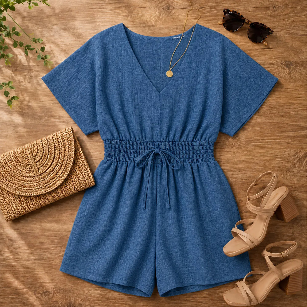 Maevelle – Smocked Waist V-Neck Romper with Pockets