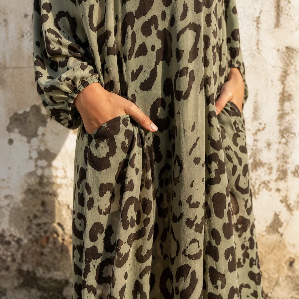 Lunavia – Leopard Print V-Neck Maxi Dress with Pockets, Loose Kaftan Fit, 4 Colors