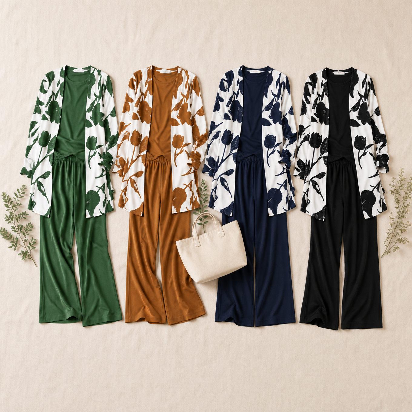 Brenda™ – Women's 3 Piece Set with Floral Cardigan, Scoop Top and Wide Leg Trousers