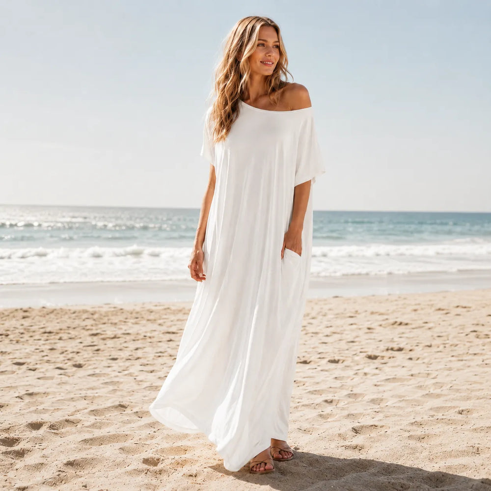 Solenne – Off-Shoulder Drape Maxi Dress with Side Pockets, Soft Viscose Throw-On Summer Dress
