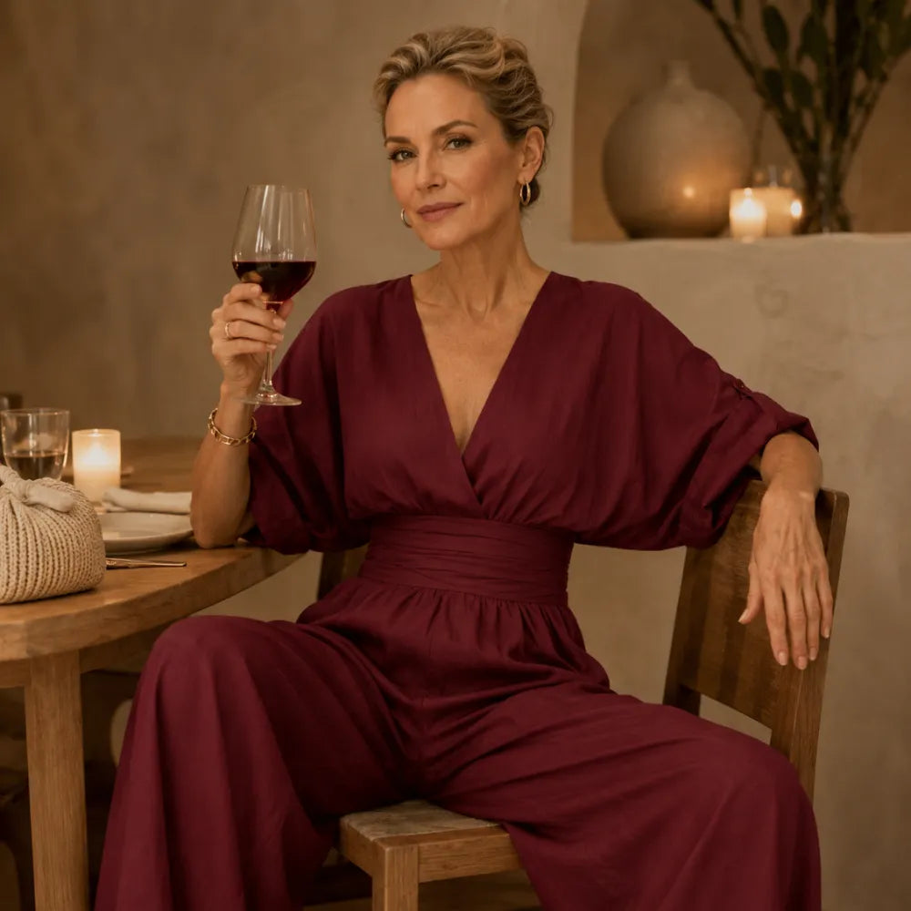 Soléra – Wide Leg V Neck Jumpsuit with Pleated Waist Sash