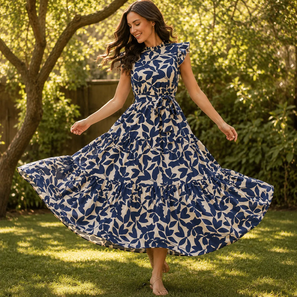 Sunlura – Flutter Sleeve Tie Waist Tiered Midi Dress, Summer Floral Print, Women's Casual Dress