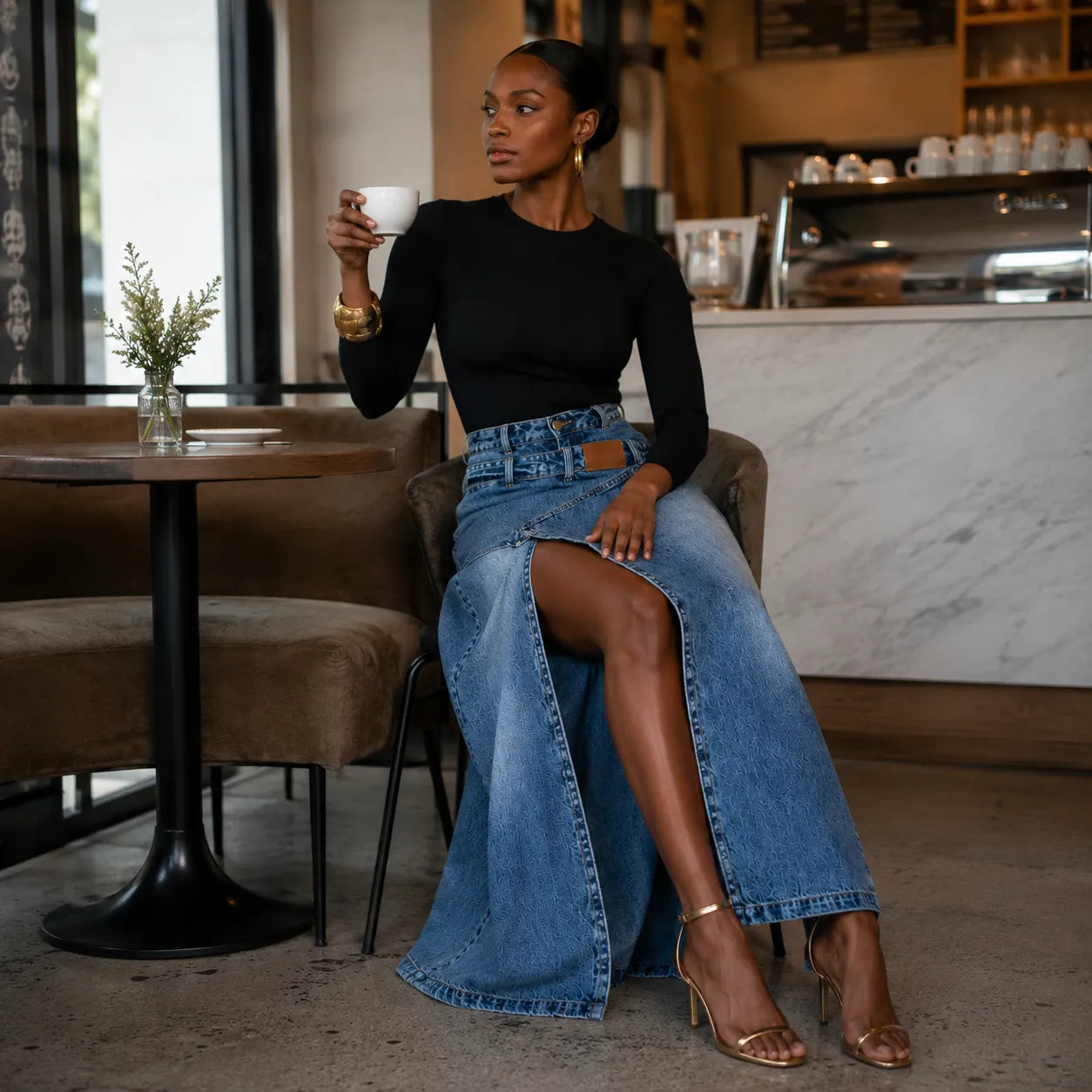 Saviera – Asymmetric Layered Denim Maxi Skirt with High Front Slit