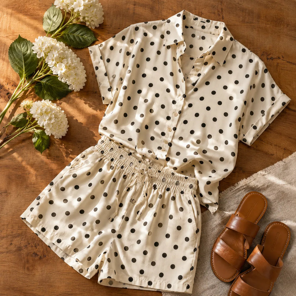 Soléa – Polka Dot Blouse and Shorts Set, Soft Drape, Summer Two Piece