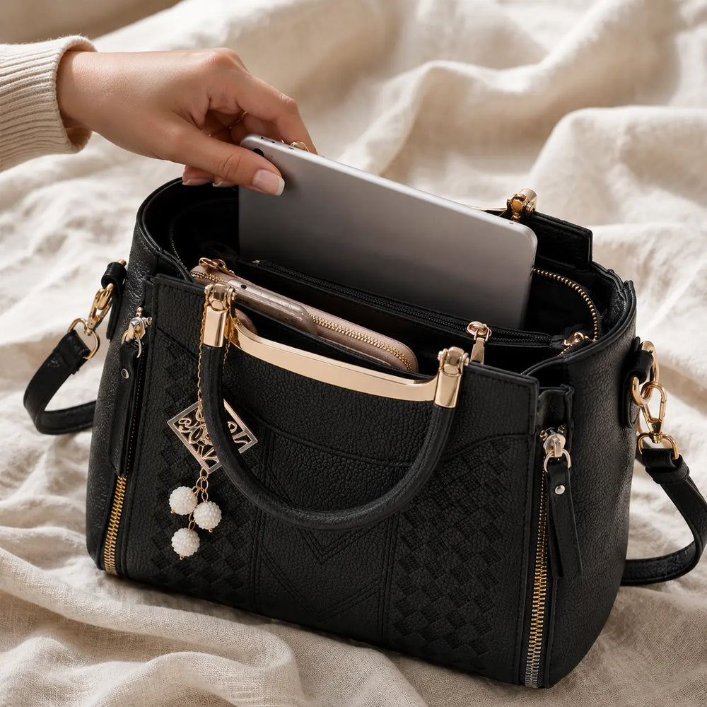 Velura – Structured Top Handle Satchel with Crossbody Strap, V-Stitch, Gold Hardware