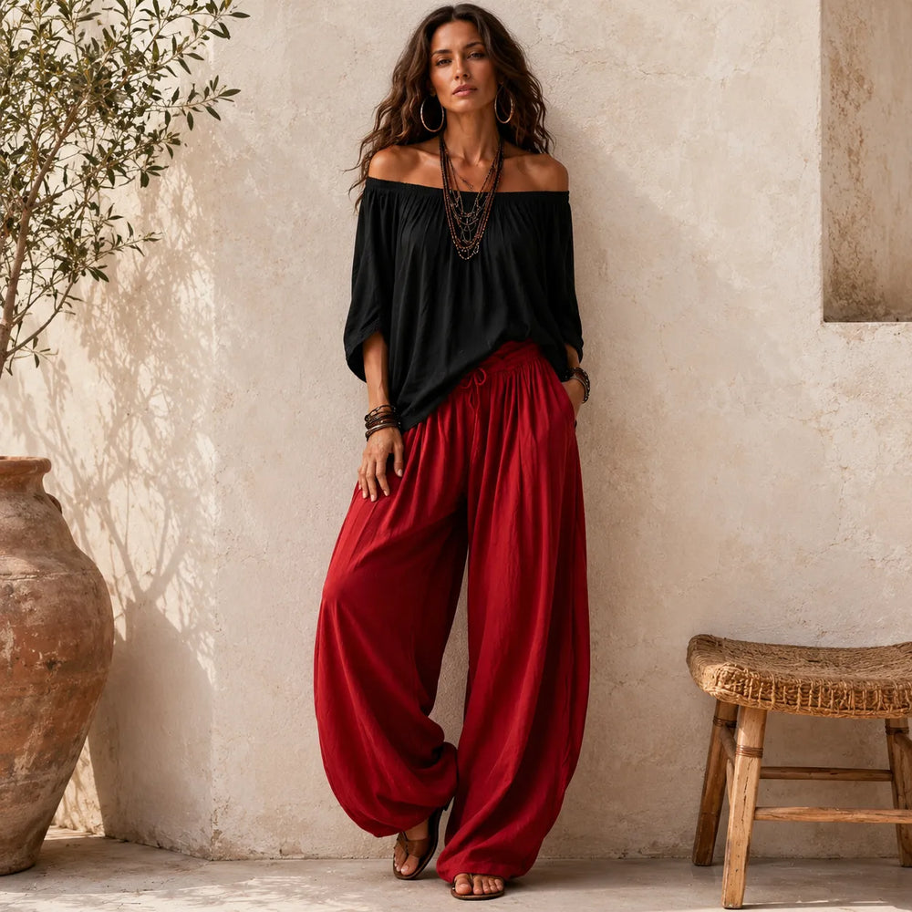 Solenza – Off-Shoulder Boho Top and Lantern Pants Set for Women