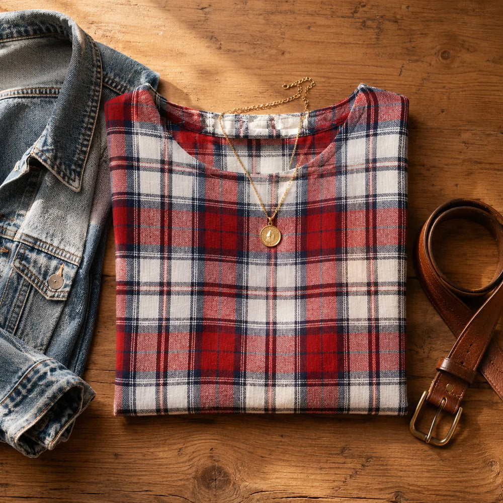 Wrenfield – Plaid Round Neck Blouse with Cuffed Sleeves