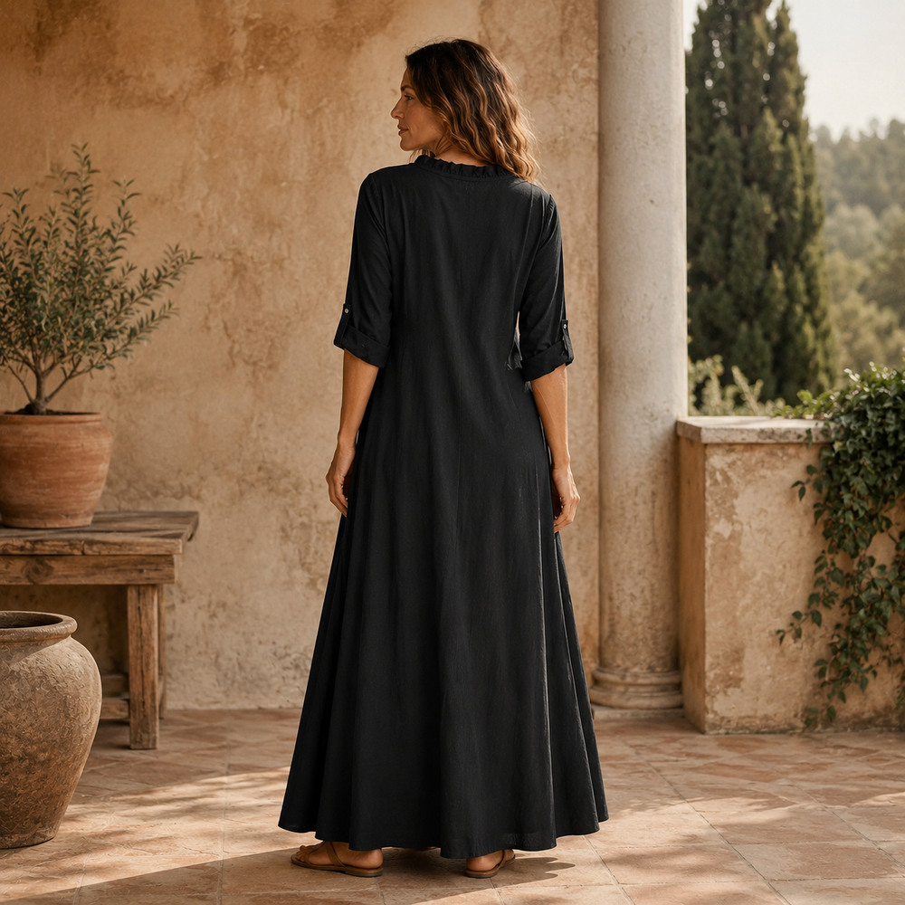 Soléra – Boho Ruffle V-Neck Maxi Dress with Roll-Up Sleeves