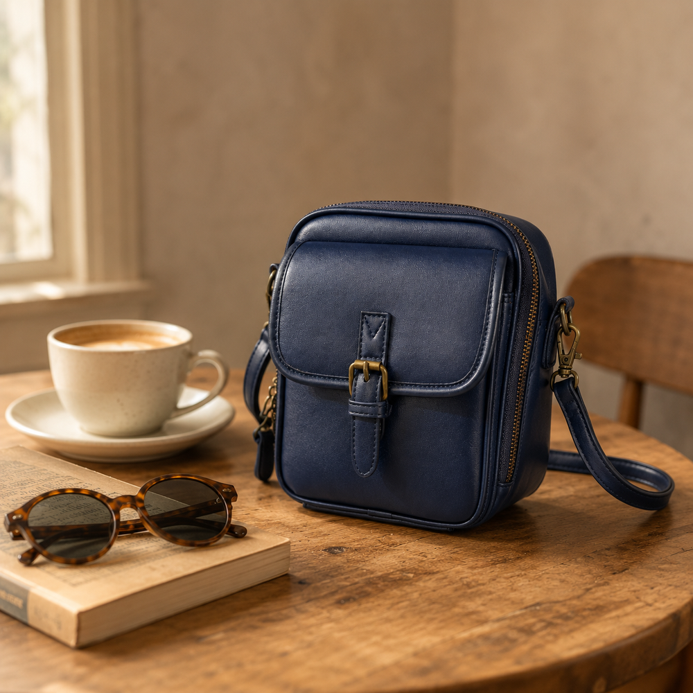 Solene – Structured PU crossbody bag with built-in wallet and glasses compartment