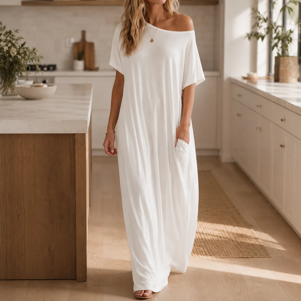 Solenne – Off-Shoulder Drape Maxi Dress with Side Pockets, Soft Viscose Throw-On Summer Dress