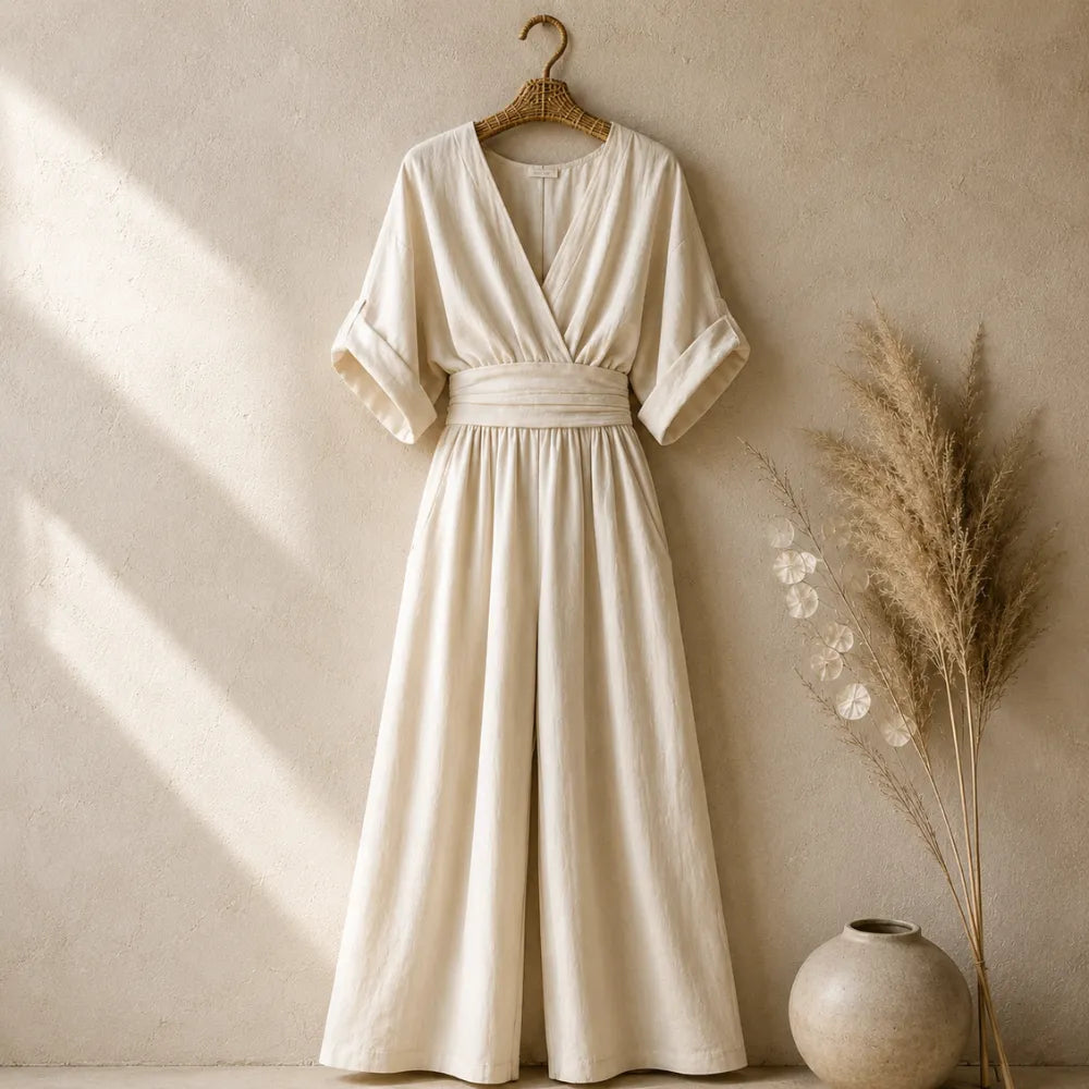 Soléra – Wide Leg V Neck Jumpsuit with Pleated Waist Sash