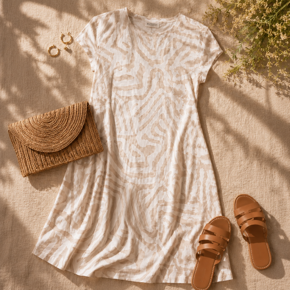 Ingrid™ – Linen Look Midi Shift Dress with Abstract Print, Cap Sleeve