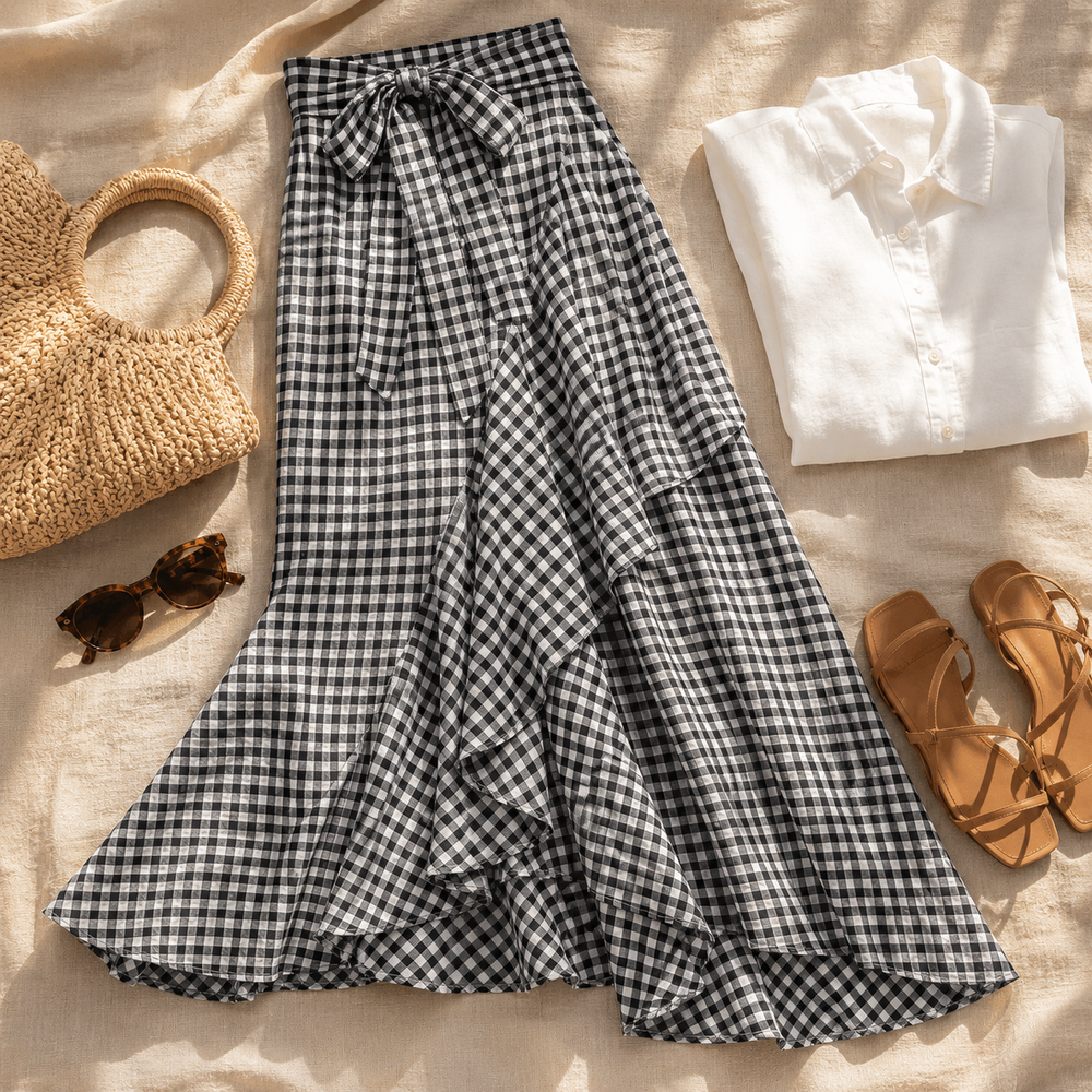 Veluna™ – Gingham Asymmetrical Ruffle Maxi Skirt for Women