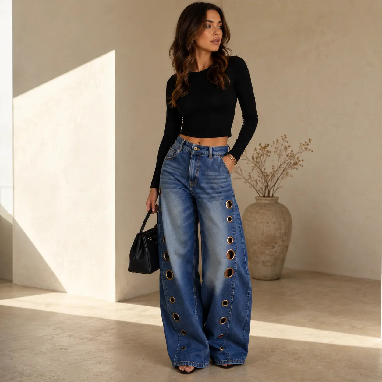 Velmora – Wide Leg Jeans with Brass Grommet Side Detail, High Rise