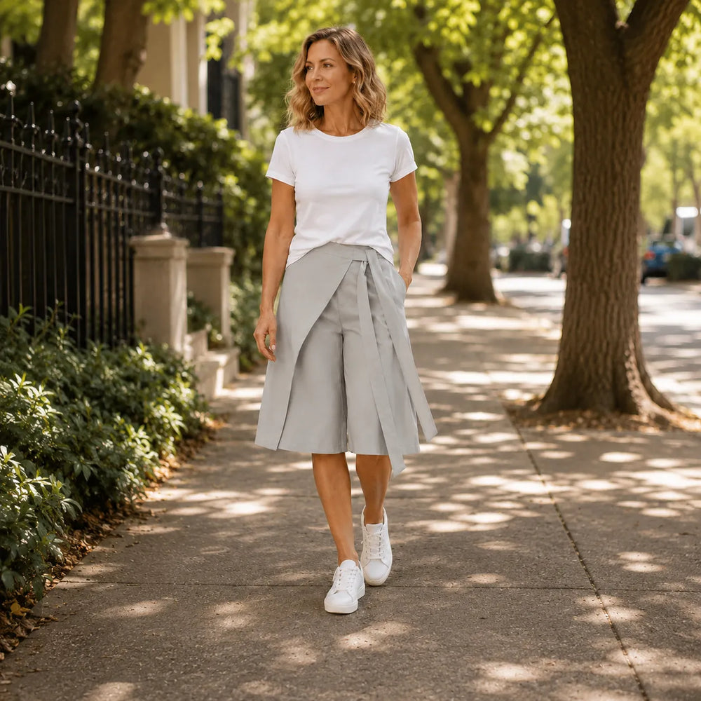 Velora – Wrap-Front Wide-Leg Culottes for Women, Knee Length, Tie Waist