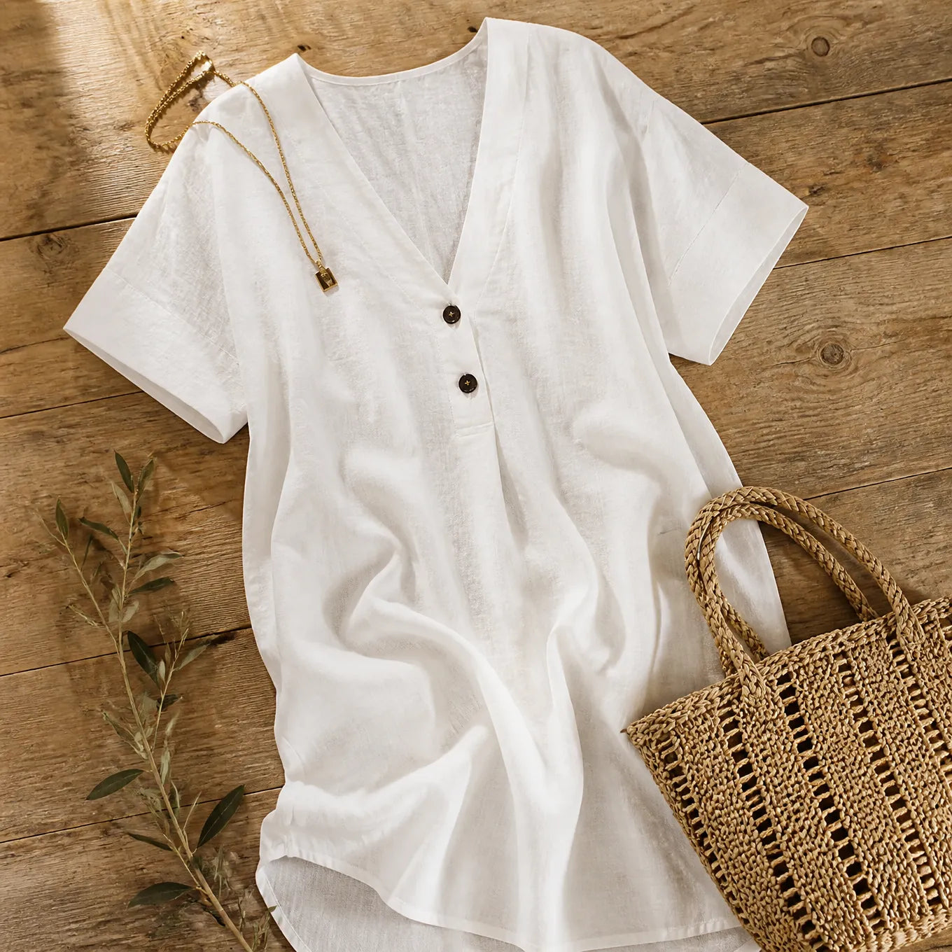 Soléne – Oversized V-Neck Linen-Look Tunic Dress, Breezy Summer Cover-Up