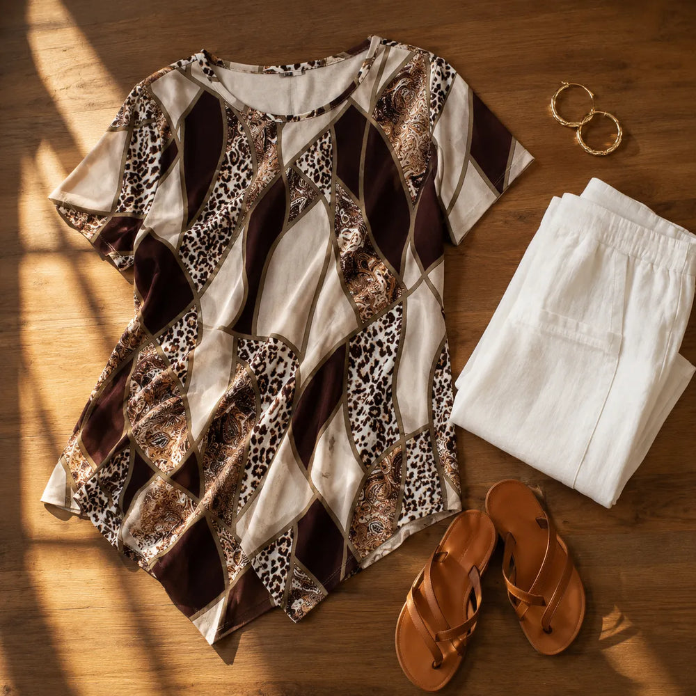 Velora – Asymmetric Hem Leopard Paisley Print Tunic Top