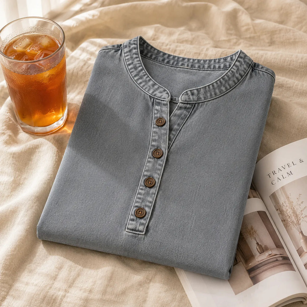 Avelyn – Henley Denim-like Tunic Top with Side Buttons for Women