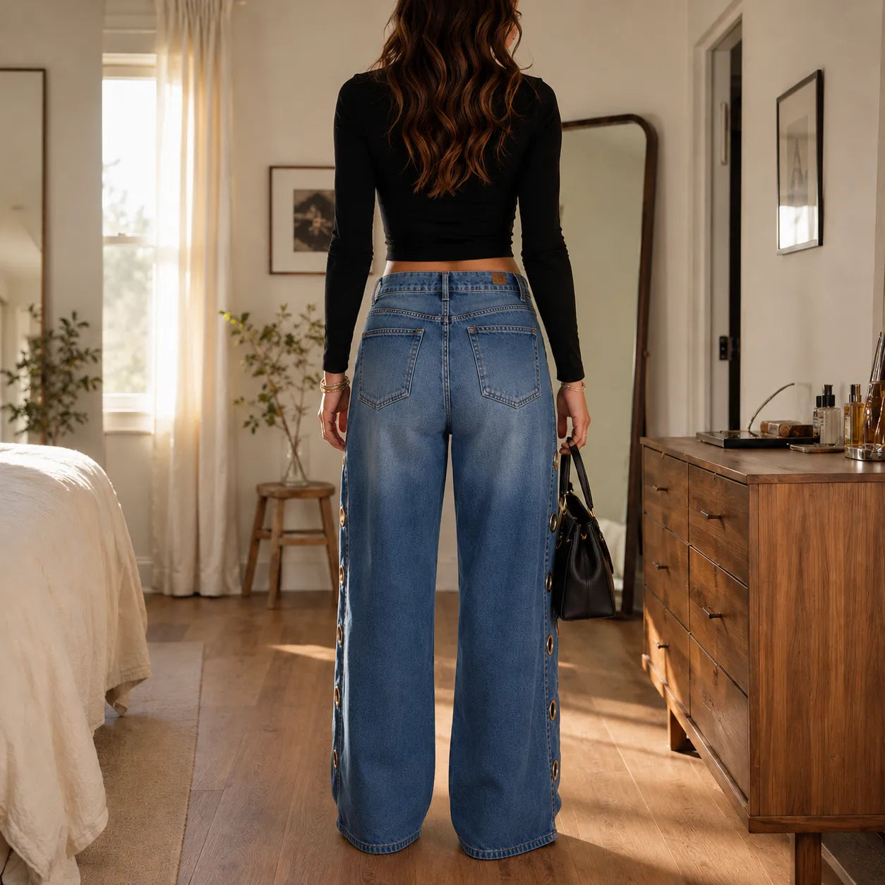 Velmora – Wide Leg Jeans with Brass Grommet Side Detail, High Rise