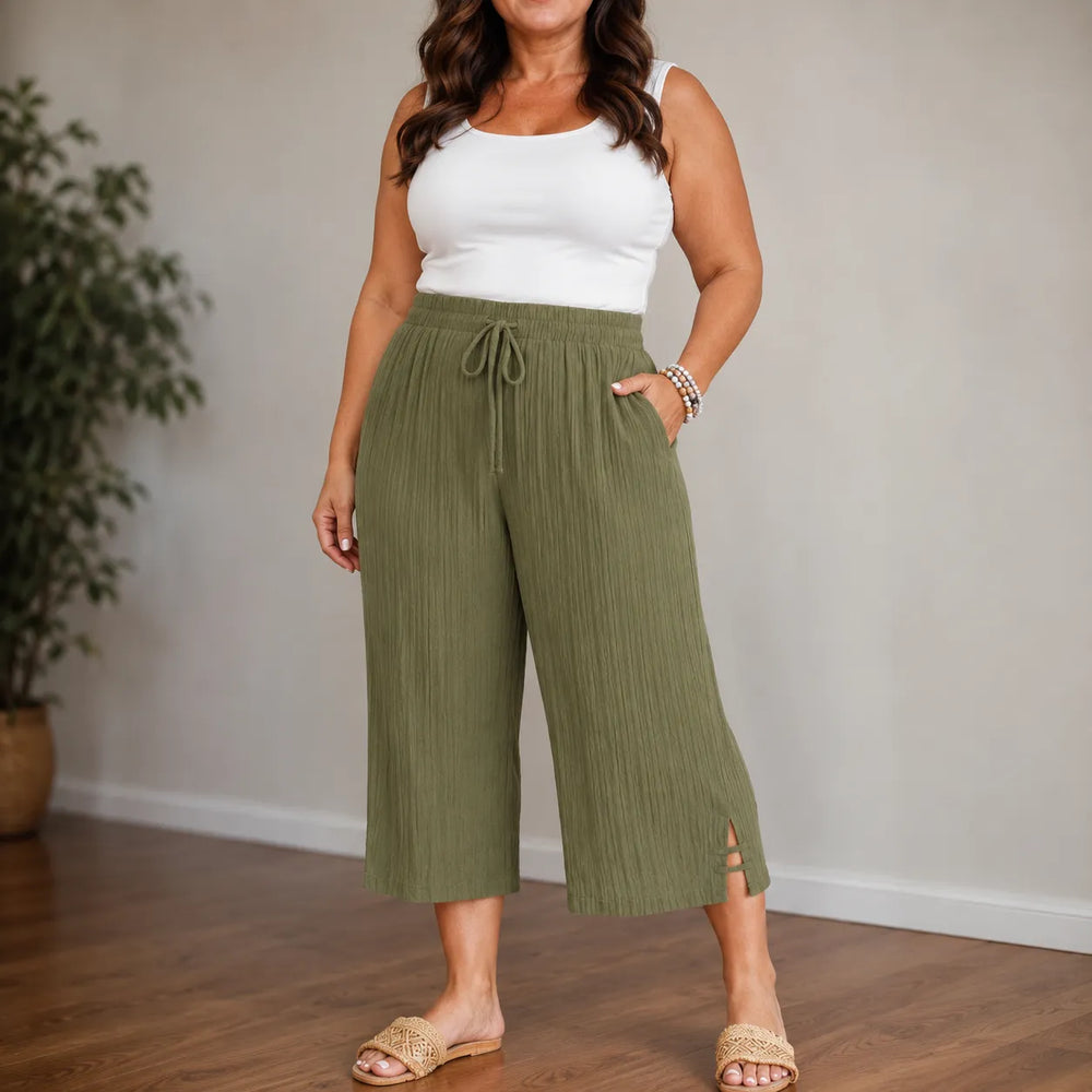 Velora – Ribbed Wide-Leg Capri Pants with Drawstring Waist & Side Slit, Plus Size 1XL–5XL