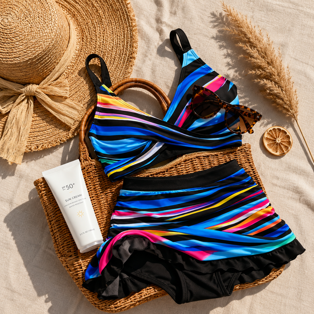 Solina – Twist-Front Striped Bikini Set with High-Waist Ruched Skirt Bottom