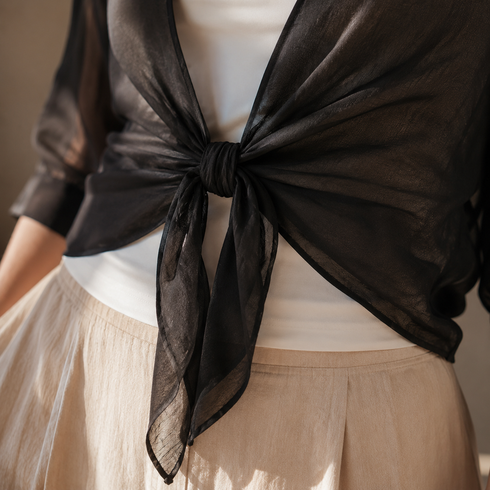 Veluna™ – Chiffon Tie-Front Top with Puff Sleeves