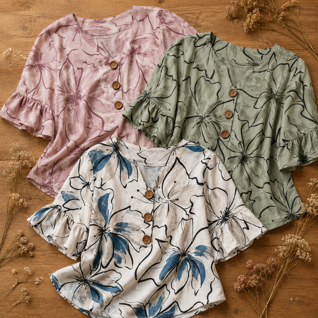 Roselisse™ – Watercolor Floral Ruffle Sleeve V-Neck Blouse