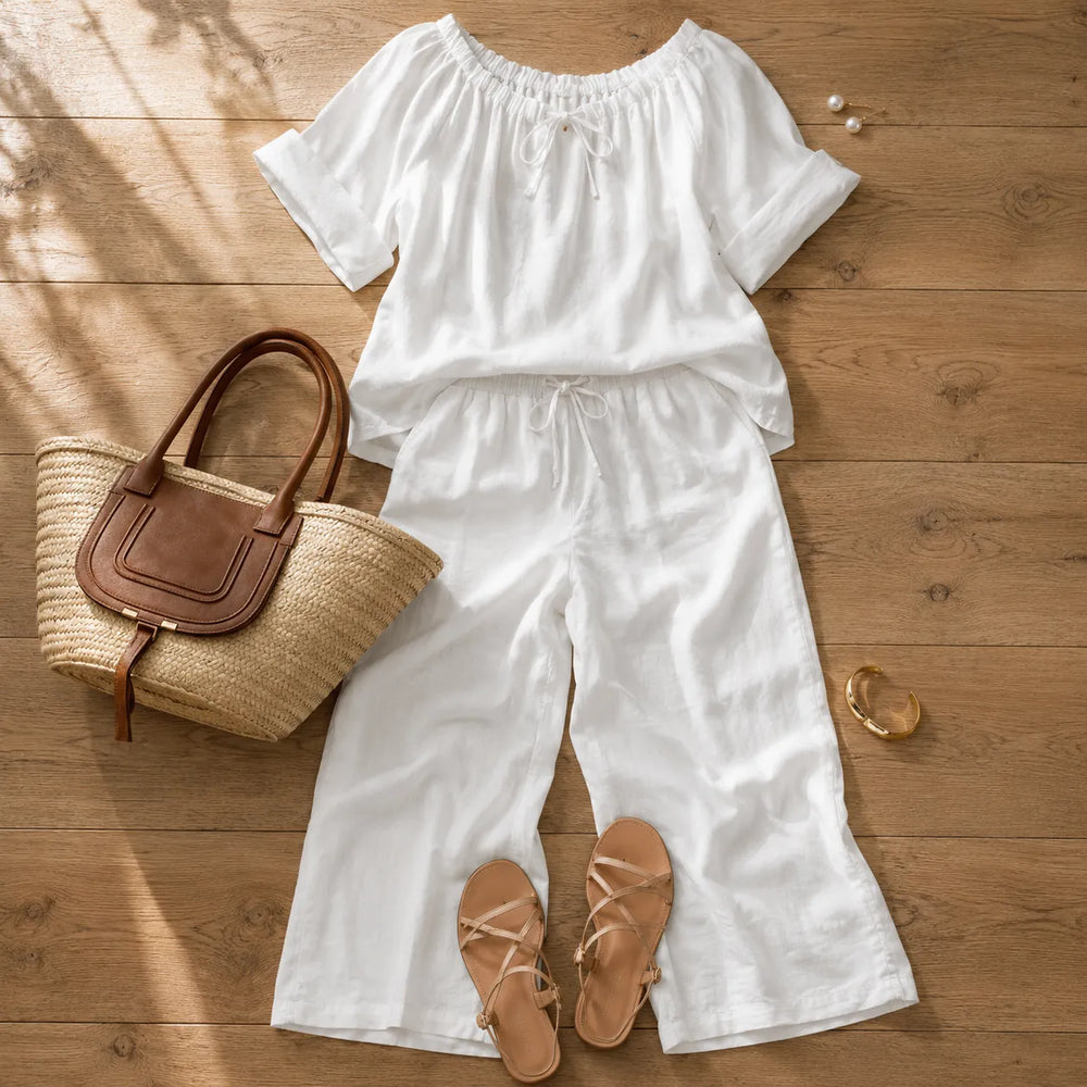 Soléne – Off-Shoulder Drawstring Top & Wide-Leg Pants 2-Piece Set