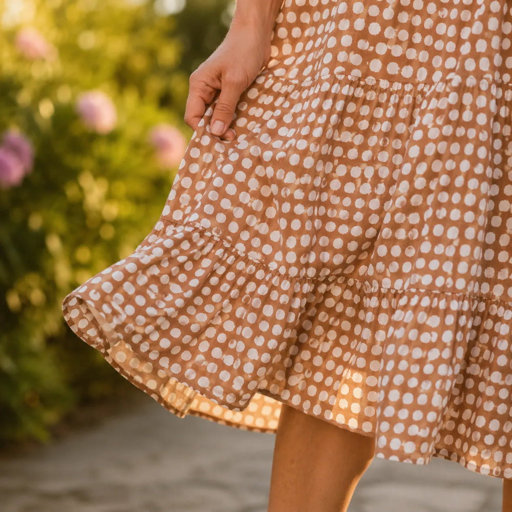 Soleluna – Tiered Polka Dot Midi Dress with Ruffle Sleeves