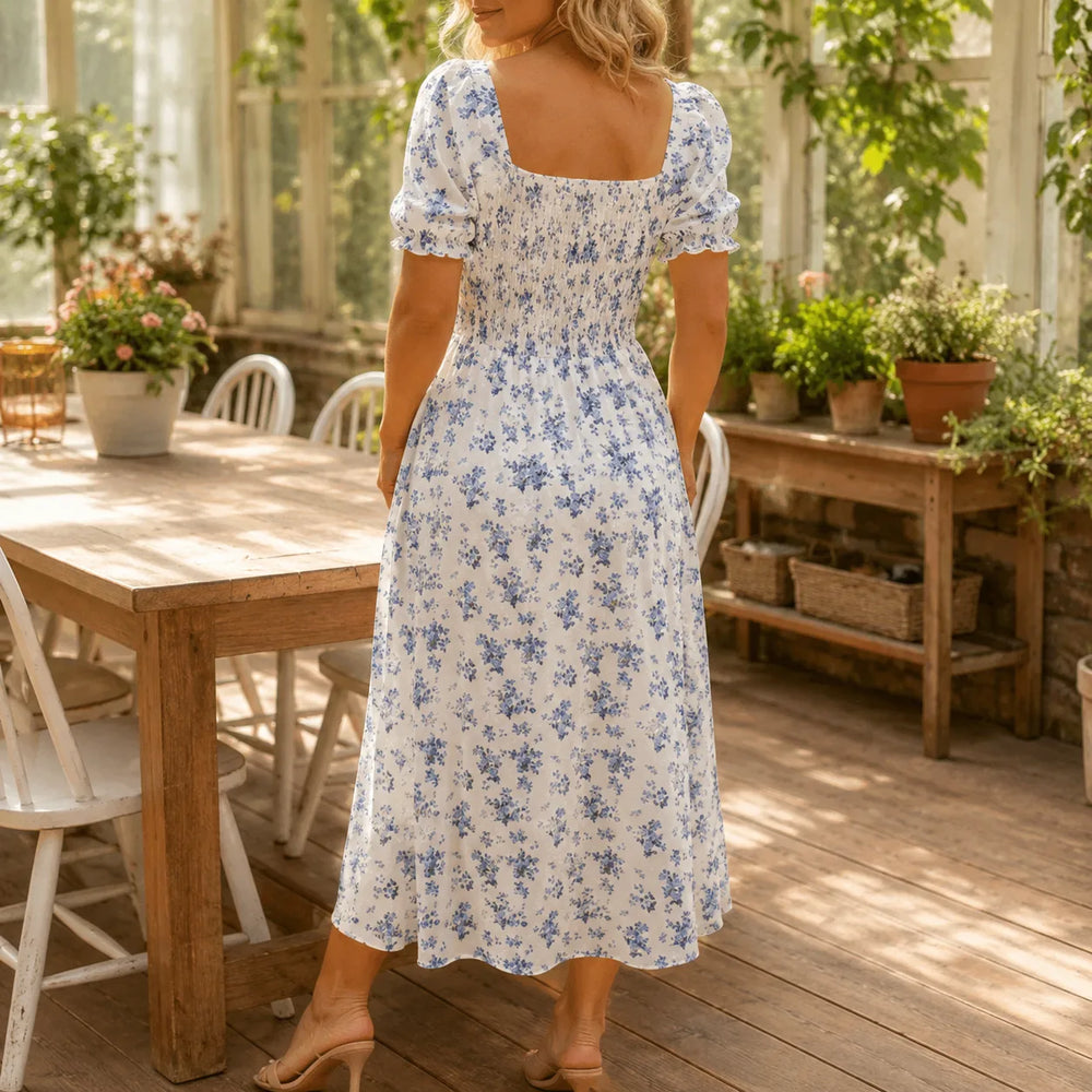 Maevra – Floral Midi Dress with Tie-Front Square Neckline