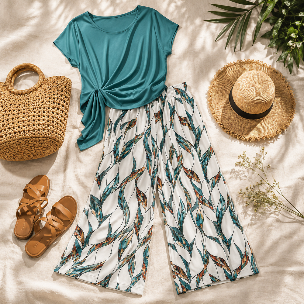 Lunaria™ – Women's Side-Tie Top & Wide-Leg Leaf-Print Pants Set