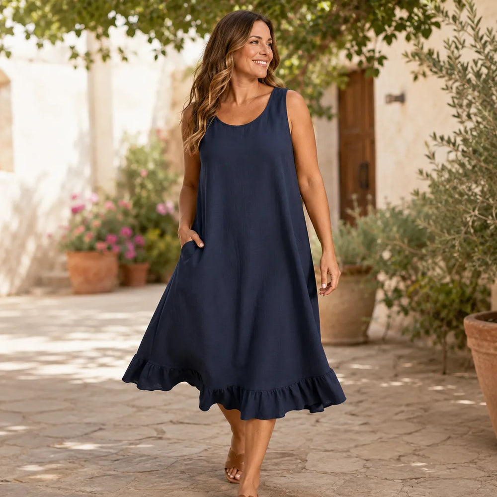 Sunelora – Sleeveless Ruffle Hem Midi Dress with Pockets, Linen Look A Line Summer Dress