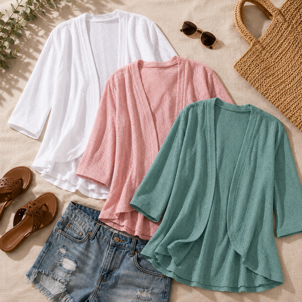 Veluna™ – Lightweight Eyelet Open-Front Cardigan for Women, 3/4 Sleeve Ruffle Hem Summer Layer