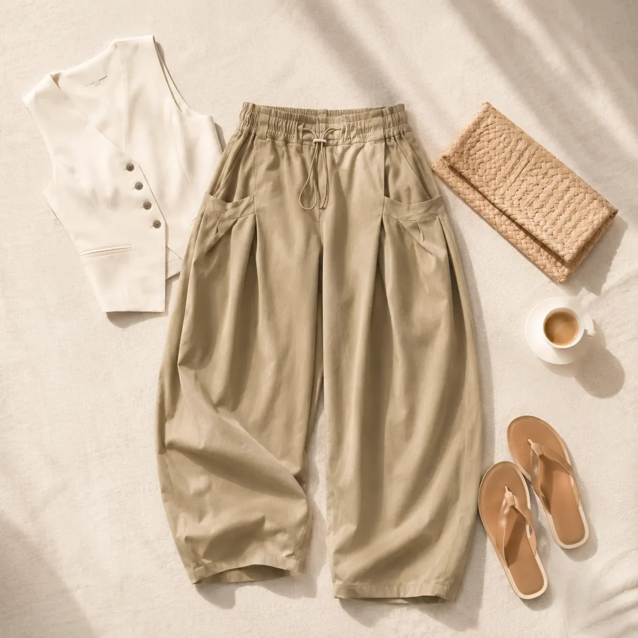 Lorenza – Pleated Wide-Leg Lantern Trousers with Drawstring Waist and Deep Pockets