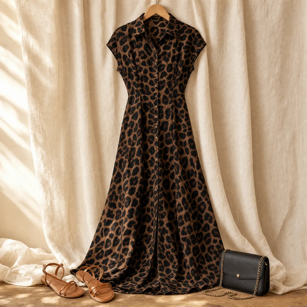 Veluxa – Leopard Print Cinched Waist Maxi Shirt Dress with Pockets