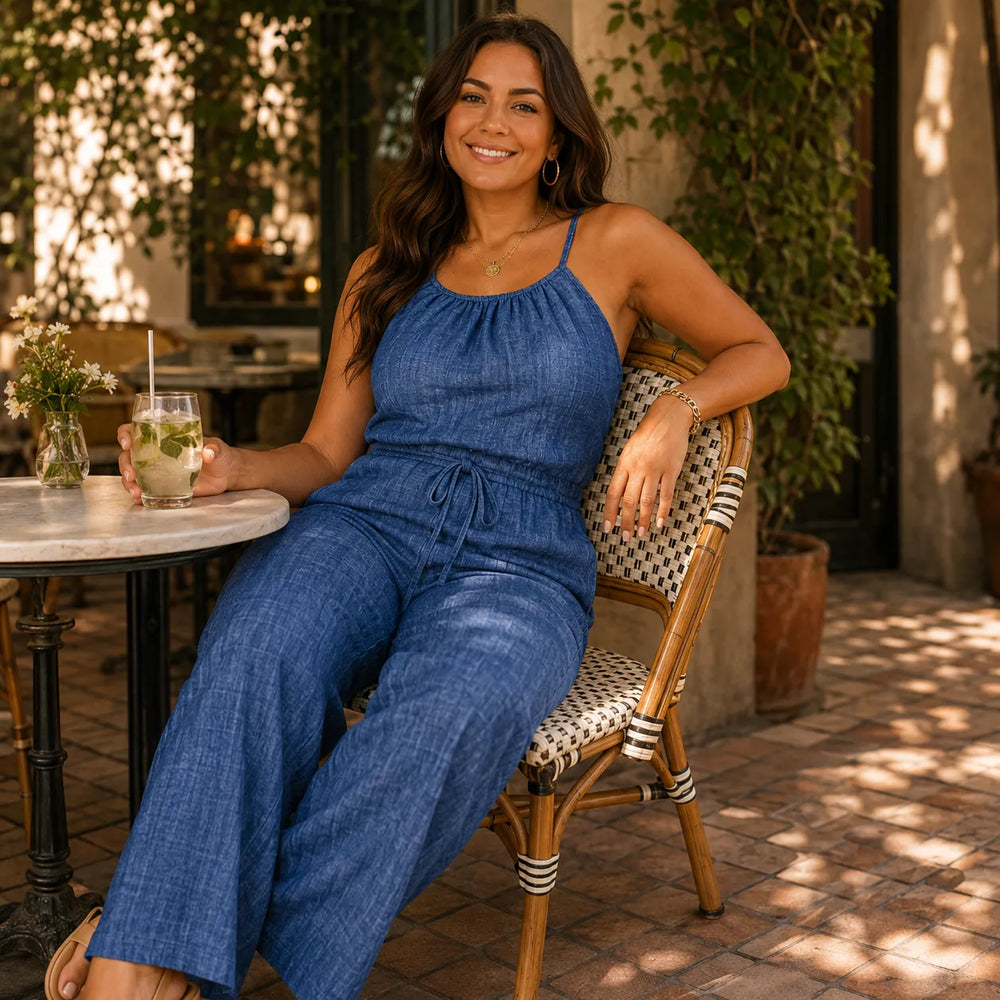 Soraya – Halter Wide-Leg Drawstring Jumpsuit, Summer Denim-Look