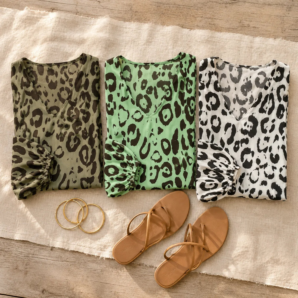 Lunavia – Leopard Print V-Neck Maxi Dress with Pockets, Loose Kaftan Fit, 4 Colors