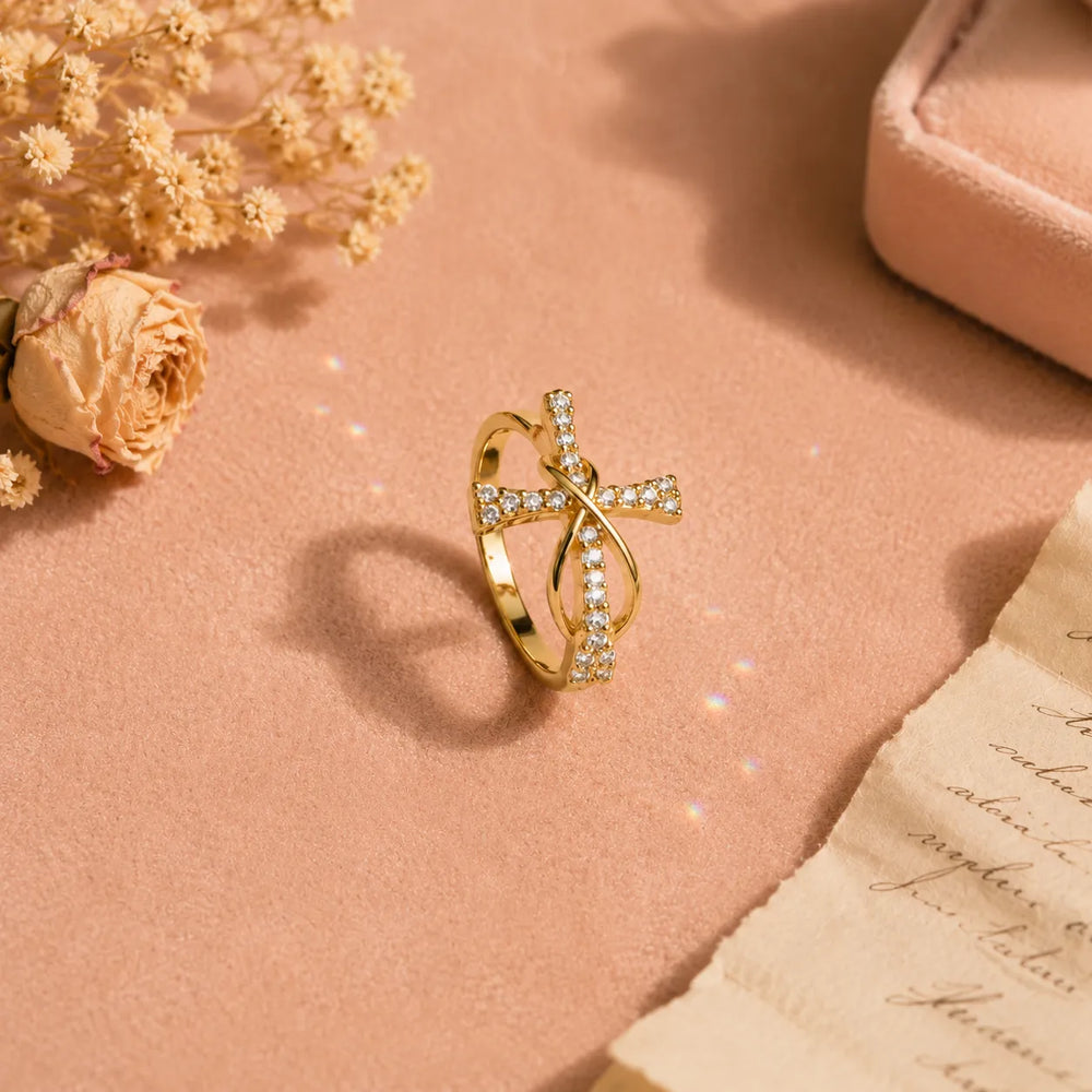 Graceloop – Mobius Cross Ring with Pavé Stones, Gold or Silver