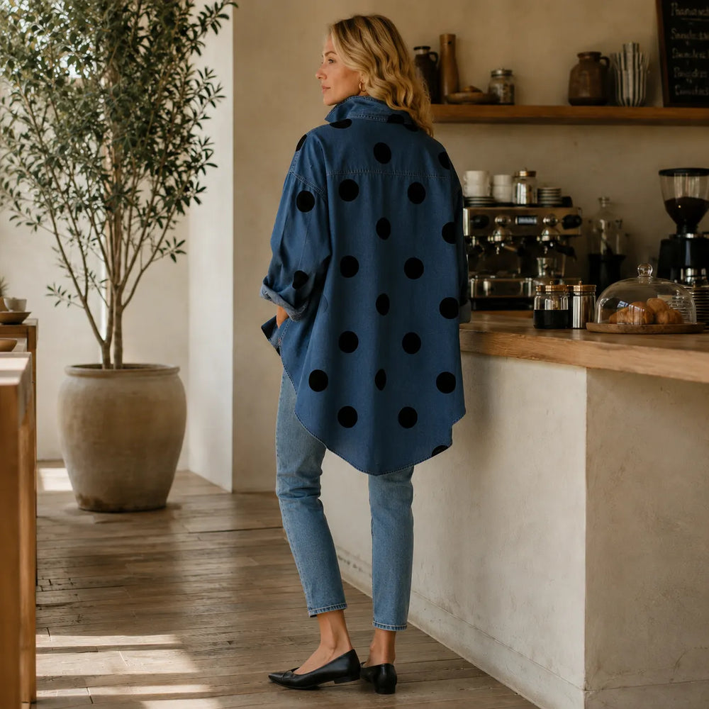 Marevelle – Oversized Polka Dot Denim Shirt with Stand Collar