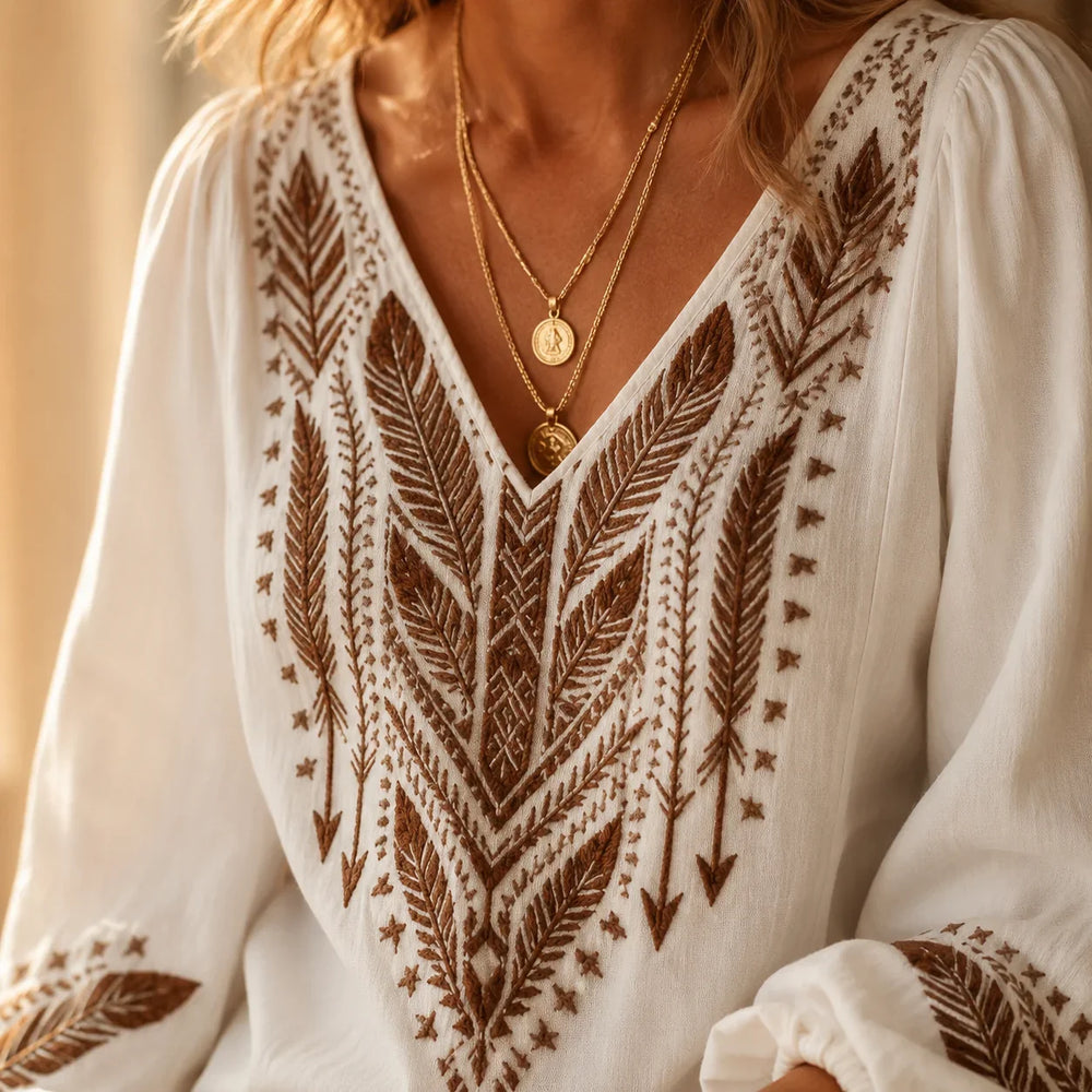 Soluna – Embroidered Boho Blouse, V-Neck, Balloon Sleeve