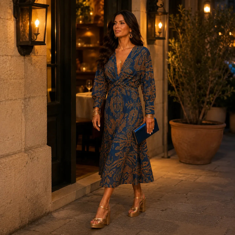 Florenza – Baroque Print Twist-Front Wrap Midi Dress