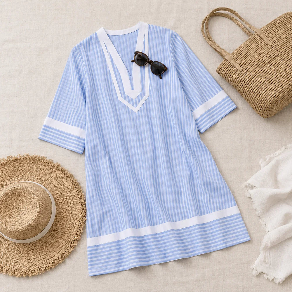 Marivelle – Striped V-Neck Tunic Dress with Pockets