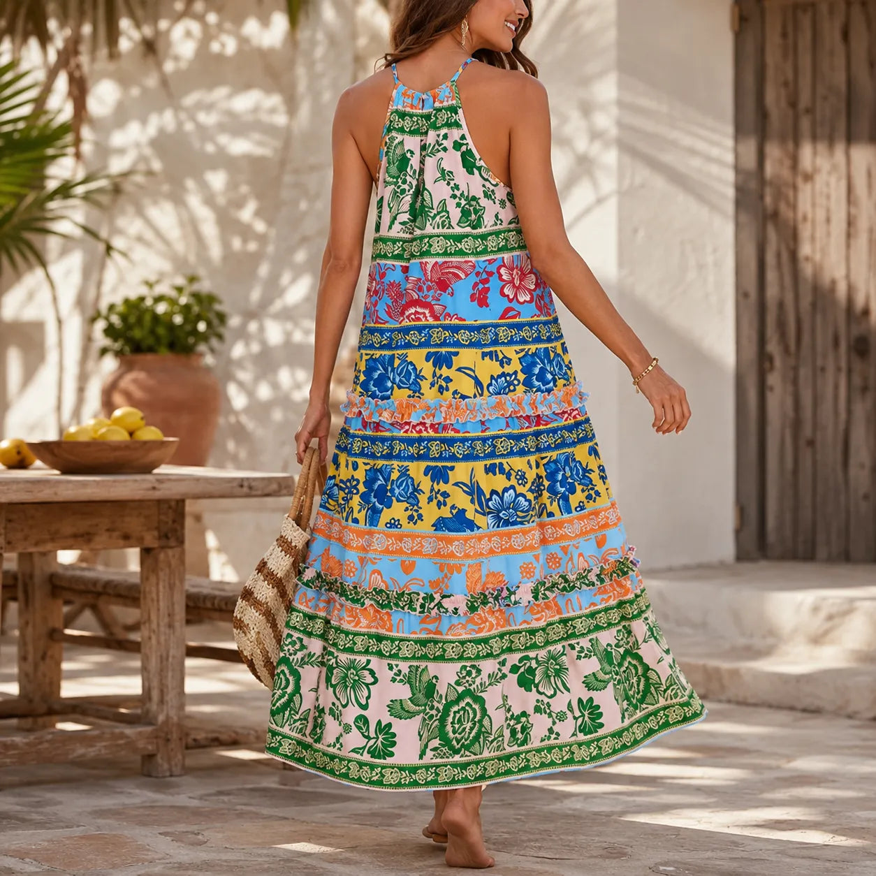 Soleva – Bold Floral Print Halter Maxi Dress for Women