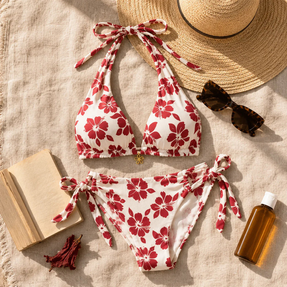 Florenza – Hibiscus Print Halter Bikini Set for Women, Side-Tie Bottoms, Tropical Swimwear